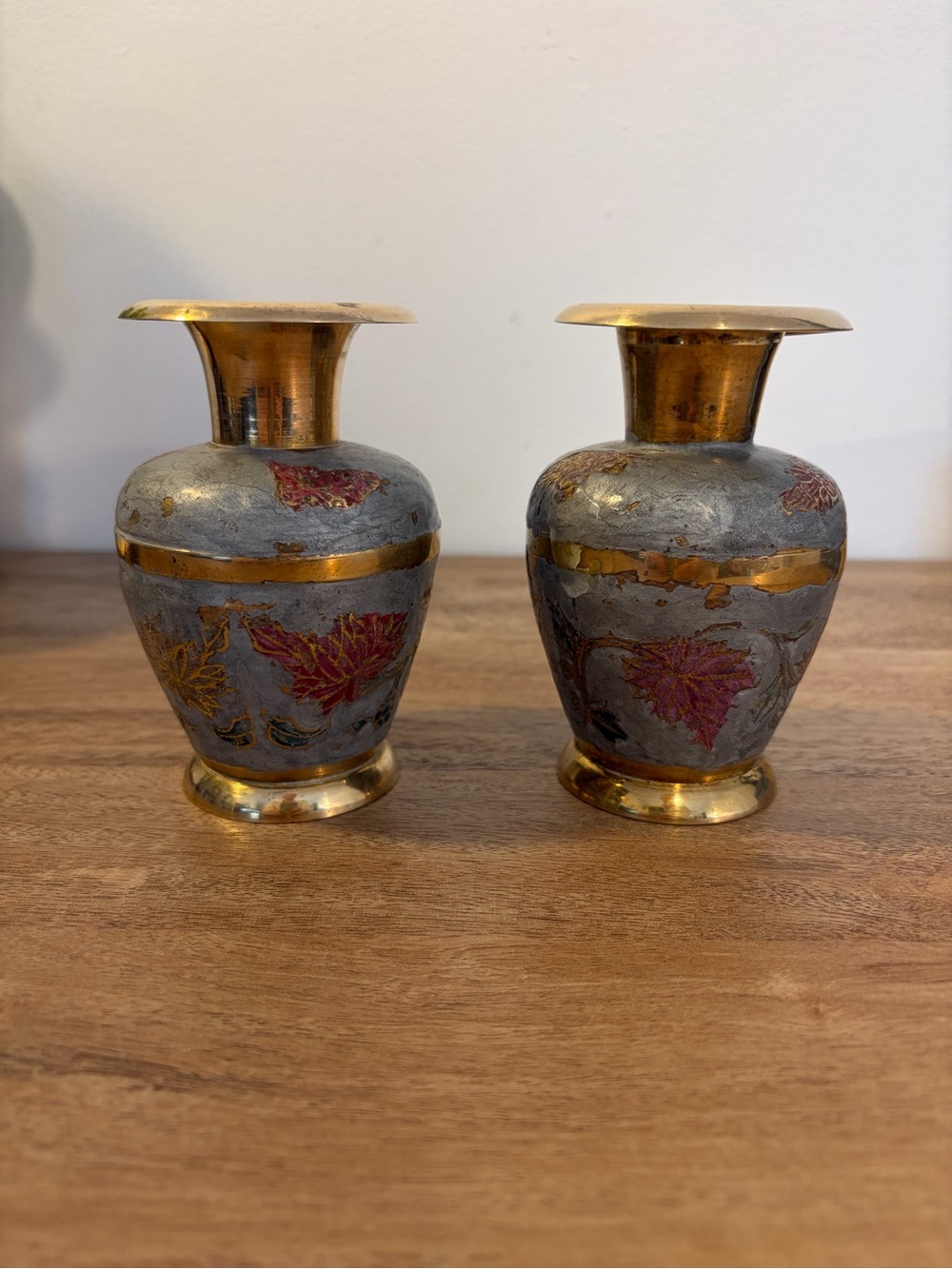 Pair of Indian Decorated Brass Vases – Grey & Gold Botanical Design